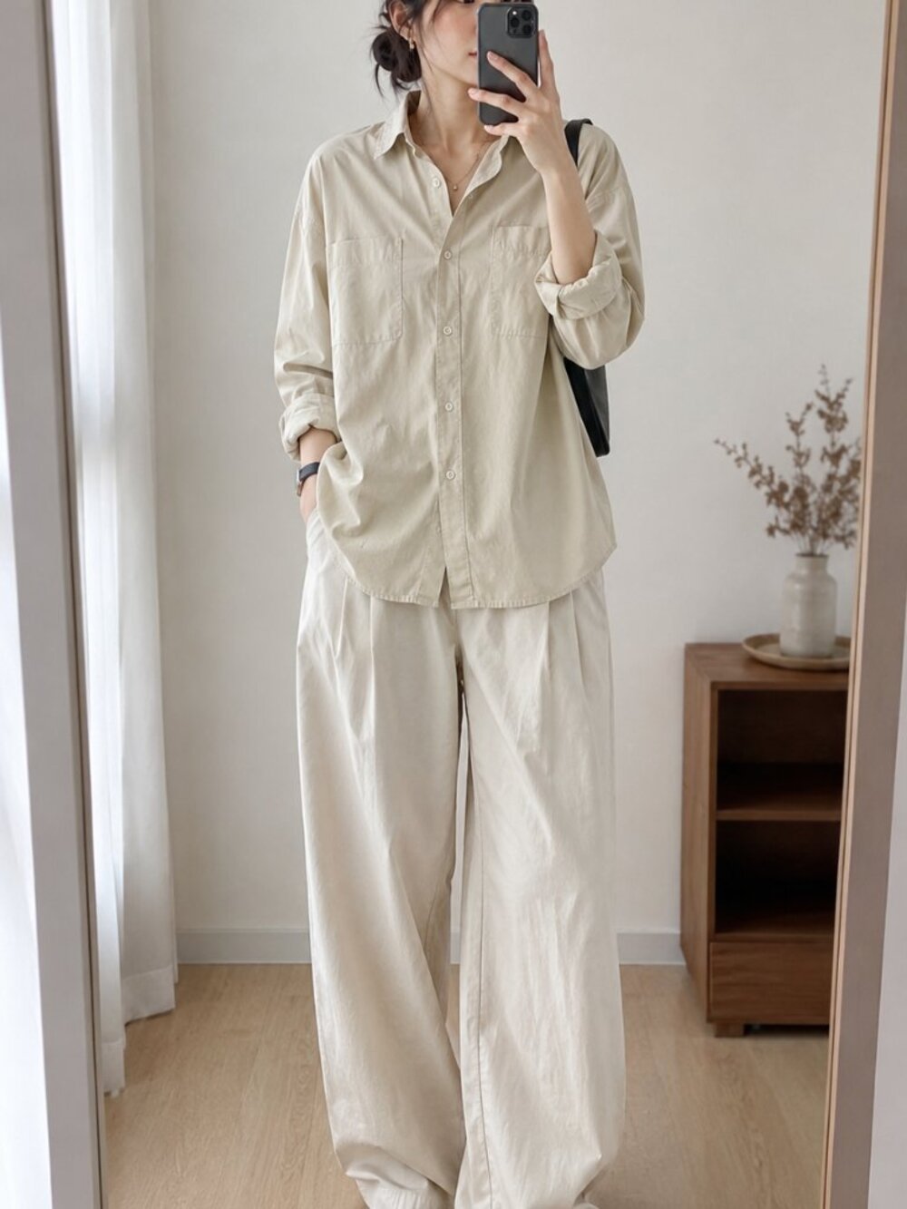 H&M Oversized Cream Button Up Shirt Minimalist Korean Style M
